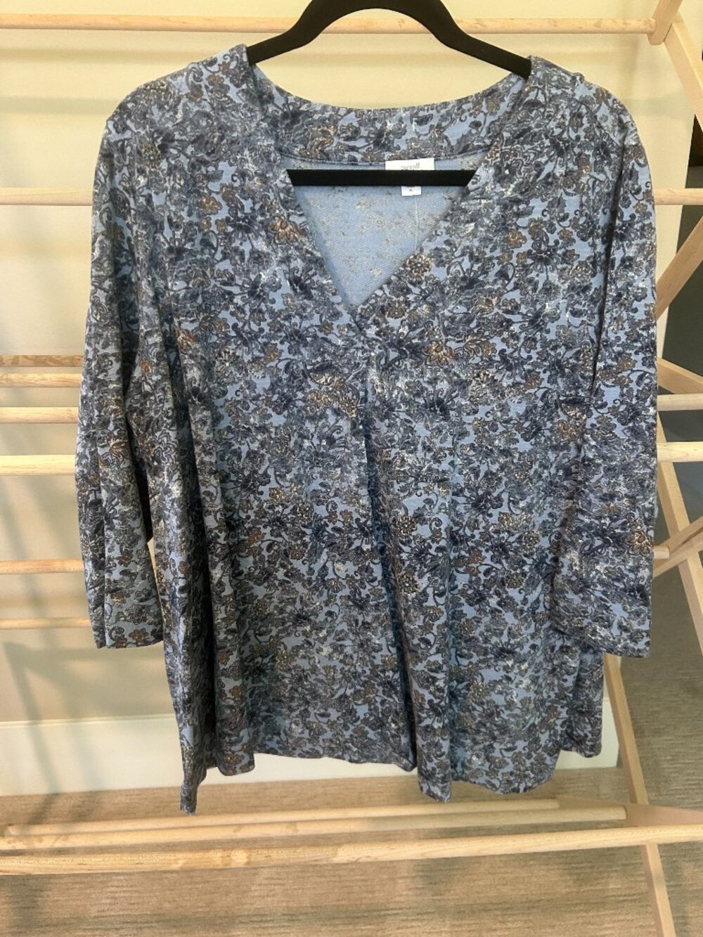 NWT Pure Jill Light Blue Floral Gold Foil V-Neck Top XL